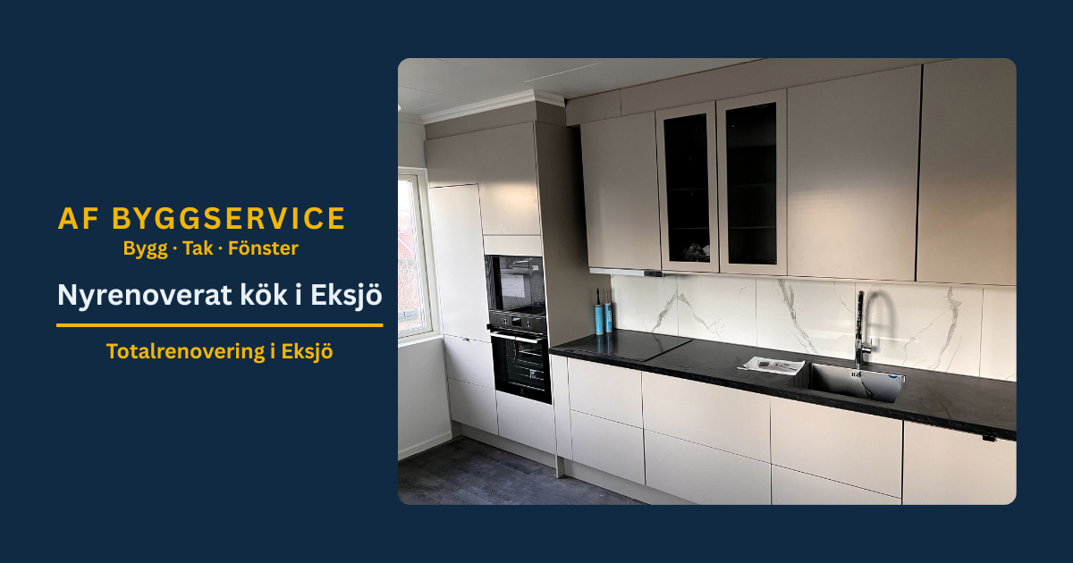 Nyrenoverat kök med ljus inredning, renovering utförd av AF Byggservice i Jönköpings län