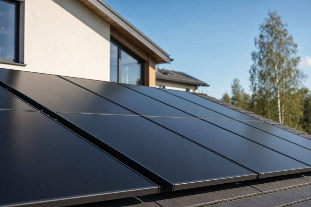 Svarta solceller monterade på taket till en modern villa i Jönköpings län en solig dag
