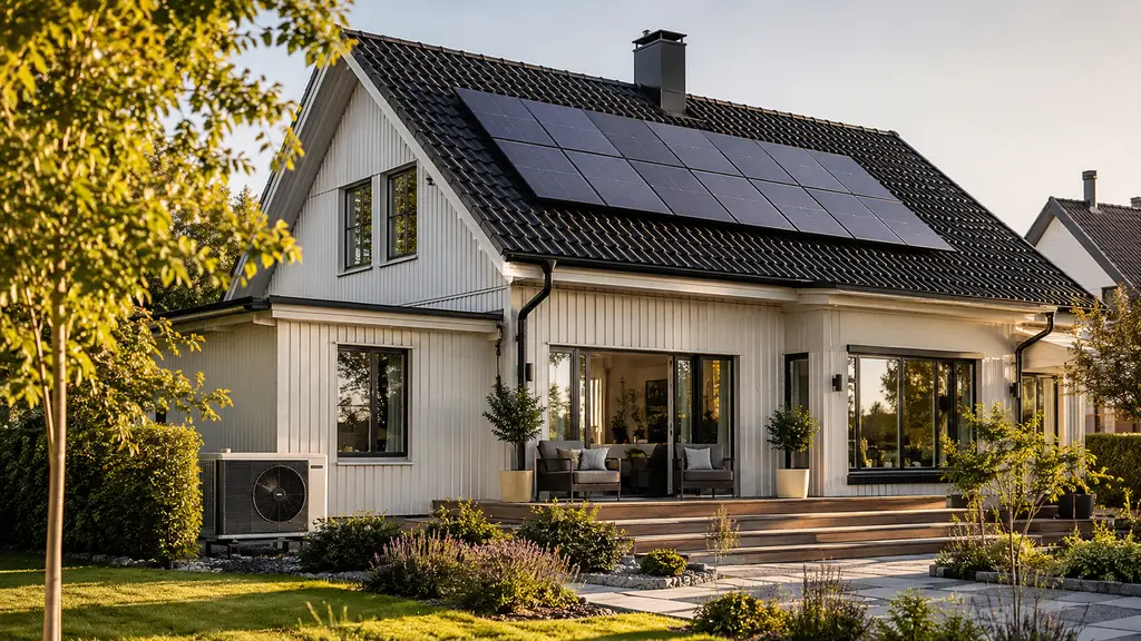 Renoverad svensk villa med nytt tak, moderna fönster och solpaneler för ROT-avdrag och grönt avdrag 2026