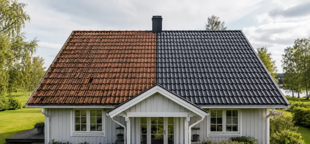 Tak på svensk villa – jämförelse mellan slitet tak som behöver renovering och nytt tak efter komplett takbyte