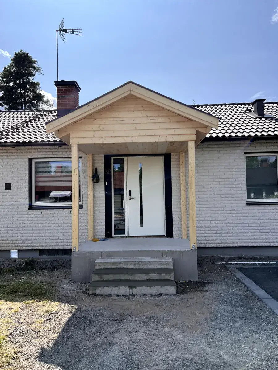 Ny vit ytterdörr med glasparti och skärmtak i trä på villa i Sävsjö