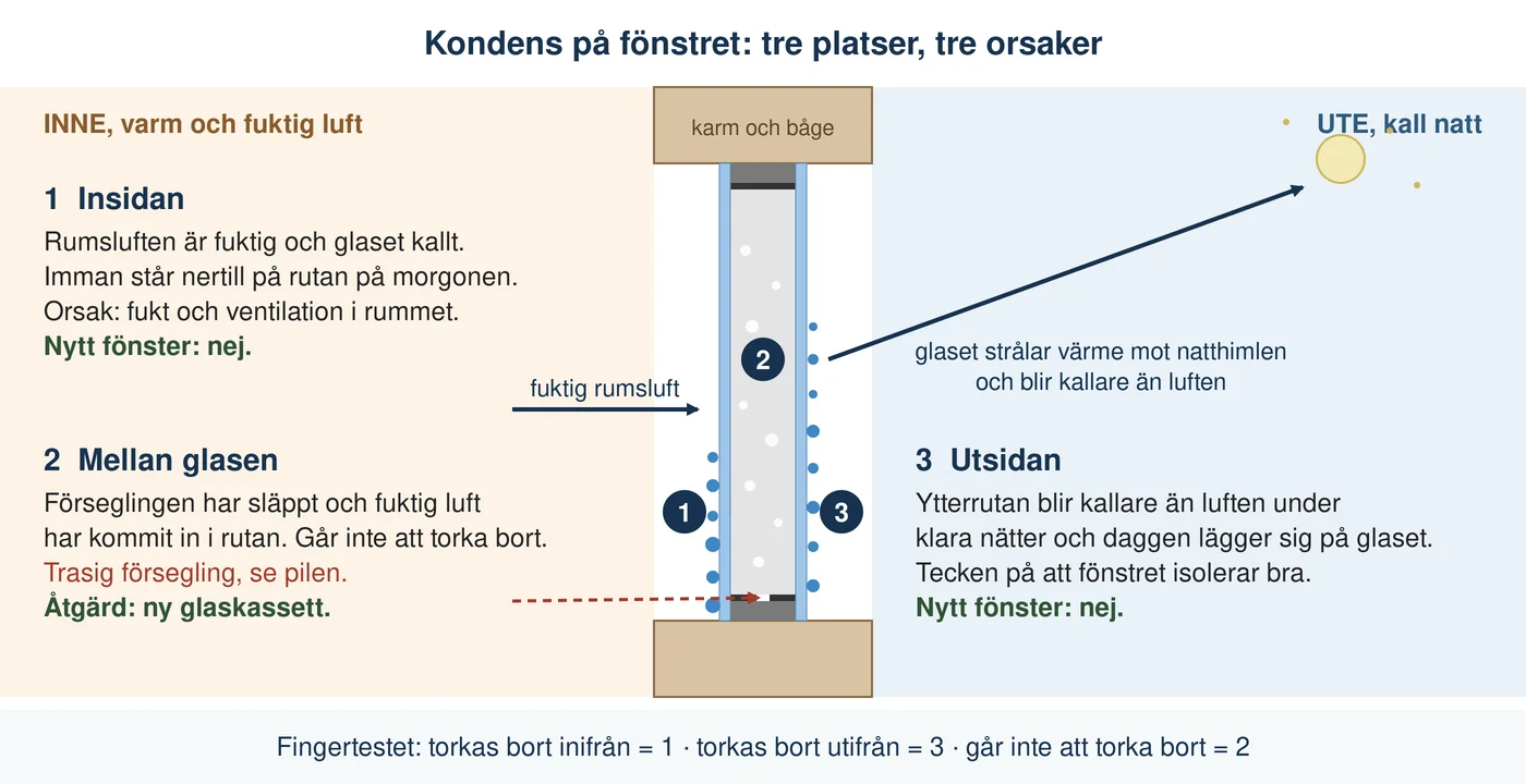 Illustration av ett fönster i genomskärning med rummet till vänster och utomhus till höger: kondens på insidan när fuktig rumsluft möter kallt glas, kondens mellan glasen när isolerrutans försegling släppt, och kondens på utsidan när ytterrutan strålar värme mot natthimlen och blir kallare än luften