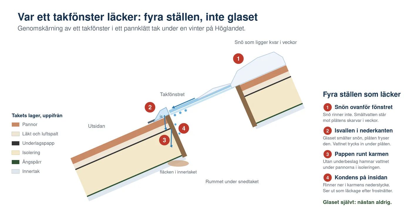 Illustration av ett takfönster i genomskärning i ett pannklätt tak: snö som ligger kvar ovanför fönstret, en isvall i fönstrets nederkant, vatten som når isoleringen när underbeslag mot underlagspappen saknas, och kondens på insidan av glaset som rinner ner i karmen, med fyra numrerade punkter och takets lager från pannor till innertak